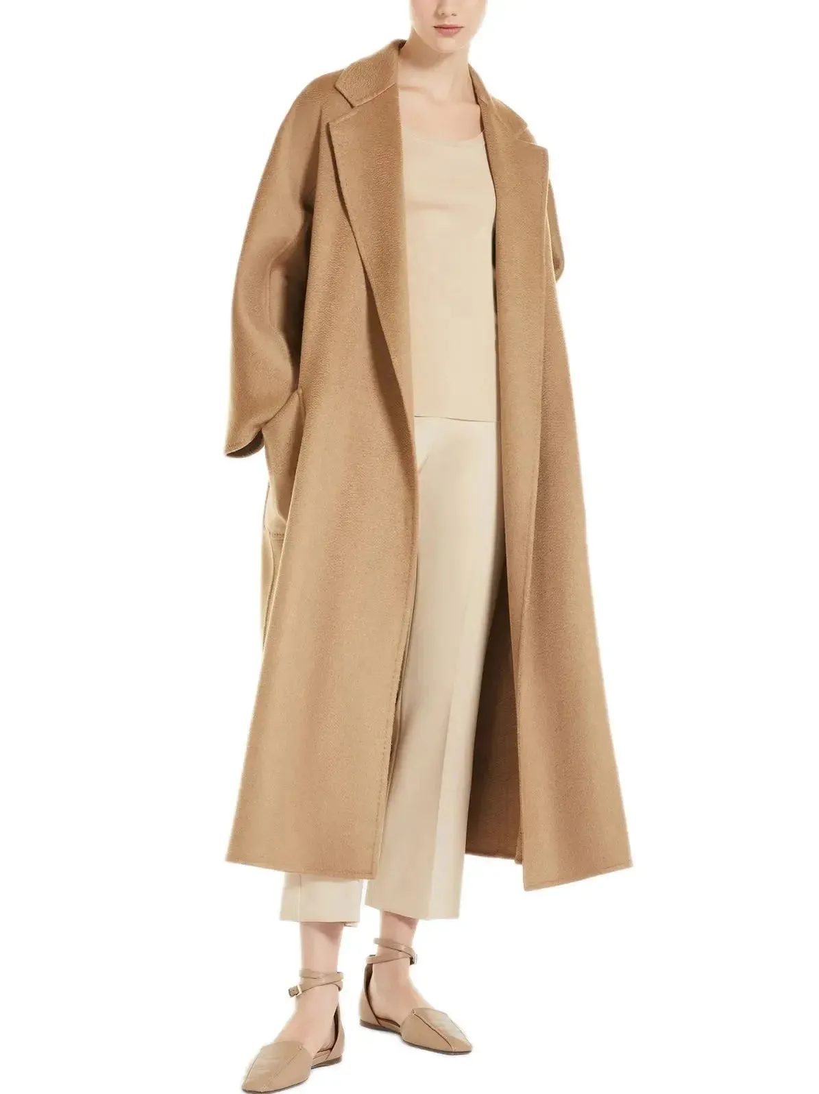 Belted Cashmere and Wool Coat in Natural Beige