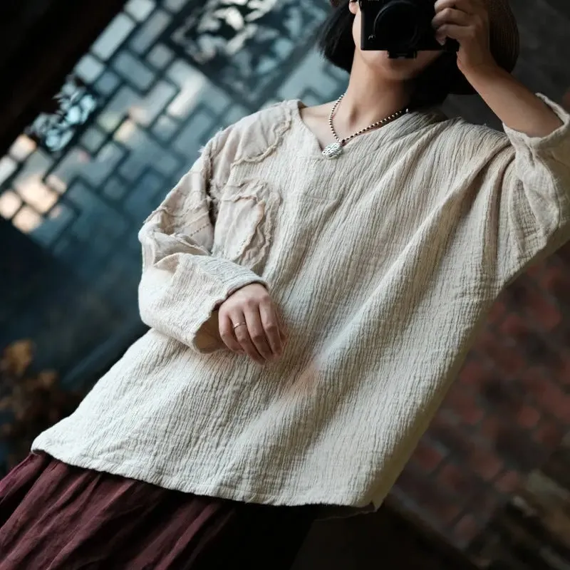 Vintage Beige Linen V-neck Tops with Long Sleeves for Ladies
